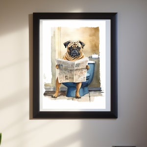 Dog pug in toilet Reading a Newspaper, , Funny Bathroom Wall Decor, Animal Humor Prints, Home Printables, AI Created Art, dog bathroom art