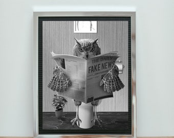 Owl Print, Funny Bathroom Art, Owl in Toilet, Toilet Owl, Owl in toilet, Black And White Owl, Whimsy Animal Art,Owl Bathroom Art