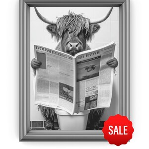 Scottish Highland Cow in Bathroom,Whimsy Animal Art. Bathroom Humor, Funny Bathroom Print, Animal on toilet, Black And White, Kids Bathroom
