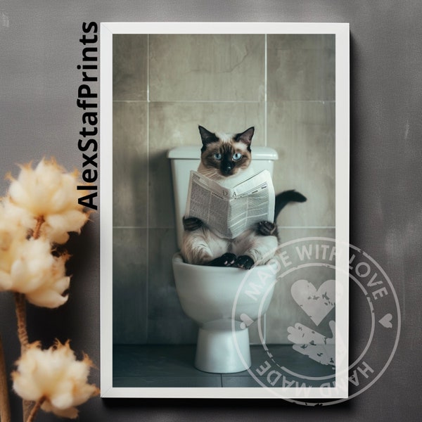 Siamese cat on Toilet, Funny cat Bathroom Printable, Safari Animal Art, Bathroom Humour, Whimsy Animal Art, Kids Bathroom Wall Art cat