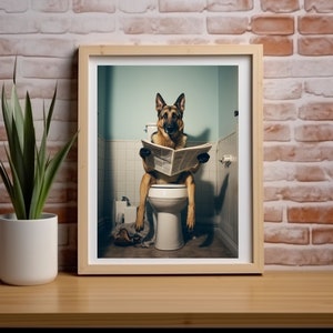 German Shepherd, Reading Newspaper on Toilet, Cute, Funny, Wall Poster, Wall Decor, Puppy, Dog Lover Gift