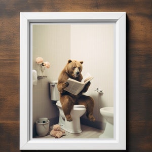 Animal in toilet, Bear Print, Funny Bathroom Decor, Bear in Toilet, Black And White Bear, Whimsy Animal Art, Kids Bathroom Wall Art