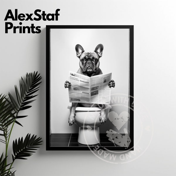 french bulldog, funny decor, animal prints, animal portrait, animal bathroom print, sitting on toilet, reading newspaper, dog bathroom art