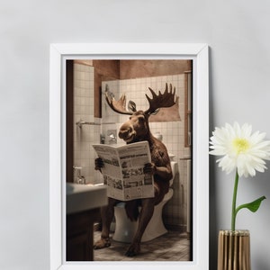 Moose Sitting on the Toilet Reading a Newspaper, Funny Bathroom Humor, Wall Decor, Funny Animal Print, Home Printables, printable art