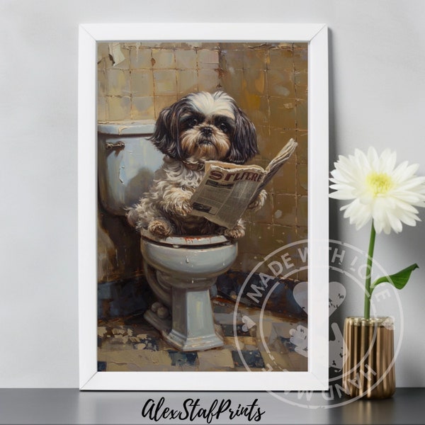 Shih tzu dog, Shih tzu, Toilet, Reading, dog bathroom art, Wall Decor, Funny Bathroom, Animal Print, Home Printables, Digital Art