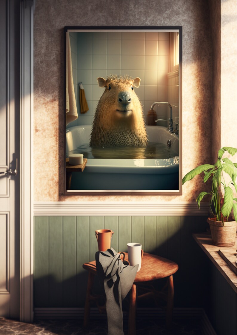 May include: A framed picture of a capybara taking a bath in a white bathtub. The capybara is looking directly at the camera. The picture is hanging on a wall in a bathroom with a wooden floor and a green tiled wall.