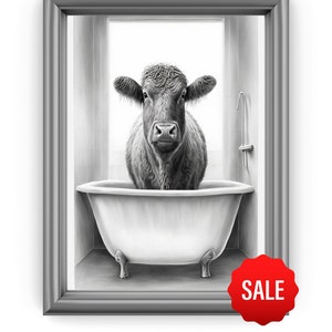 Scottish Highland Cow in Bathroom, Bathroom Humor, Funny Bathroom Print, Animal on toilet, Black And White, Whimsy Animal Art, Kids Bathroom