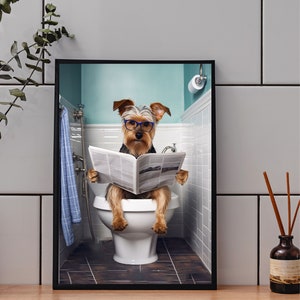 Yorkshire Terrier Art, Funny Bathroom Print, Toilet Poster, Bathroom Art, Yorkshire Terrier Printable, Whimsy Animal Art, dog bathroom art