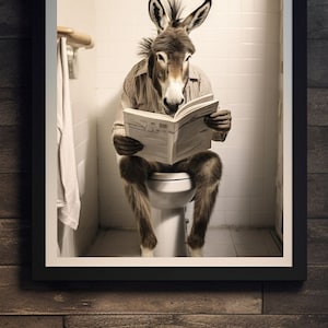 Donkey Sitting on the Toilet Reading a Newspaper, Funny Bathroom Humor, Wall Decor, Funny Animal Print, Home Printables, AI Digital Prints