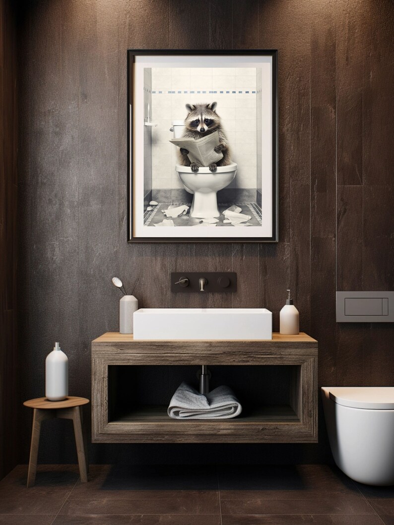 Raccoon on the Toilet Reading Newspaper, Funny Bathroom Art, Toilet ...