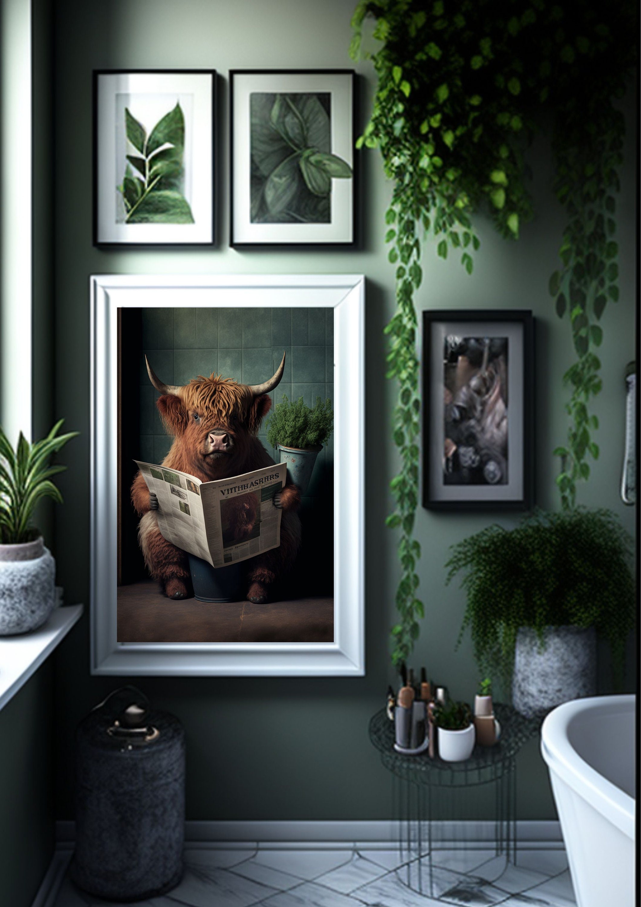 Highland Cow on Toilet Bathroom Print, Animal on Toilet Funny Bathroom ...