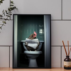 Chicken Sitting on the Toilet, whimsy animal art , Funny Bathroom Humor, Wall Decor, Funny Animal Print, Home Printables