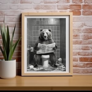 Bear Print, Funny Bathroom Decor, Bear in Toilet, Animal in toilet, Black And White Bear, Whimsy Animal Art, Kids Bathroom Wall Art