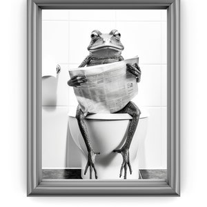 Frog Sitting on the Toilet Reading a Newspaper, Funny Bathroom Humor, Wall Decor, Funny Animal Print, Home Printables, AI Digital Prints
