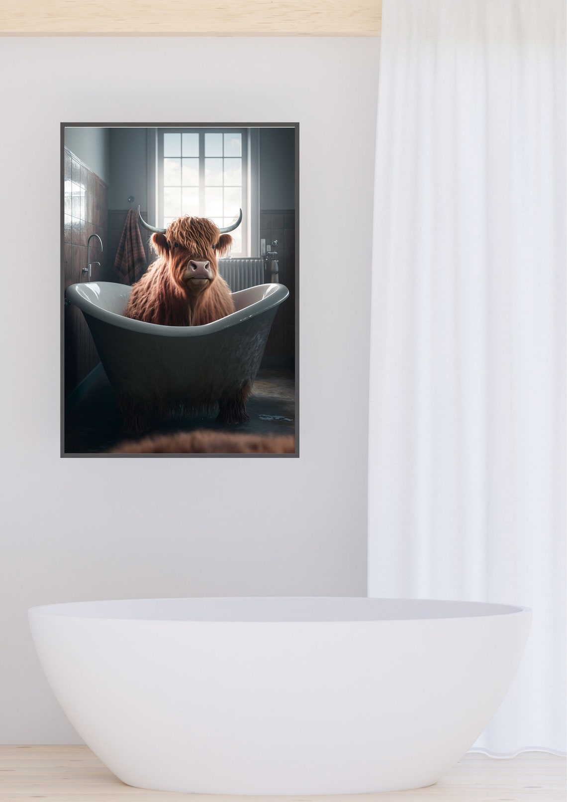 Scottish Highland Cow in Bathroom, Funny Animal Print, Animal in ...