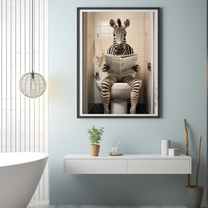 Funny Zebra Sitting on the Toilet Reading a Newspaper, Funny Bathroom Wall Decor, Funny Animal Print, Home Printables