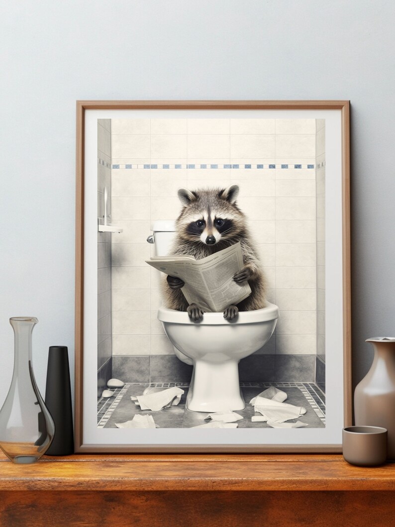 Raccoon on the Toilet Reading Newspaper, Funny Bathroom Art, Toilet ...