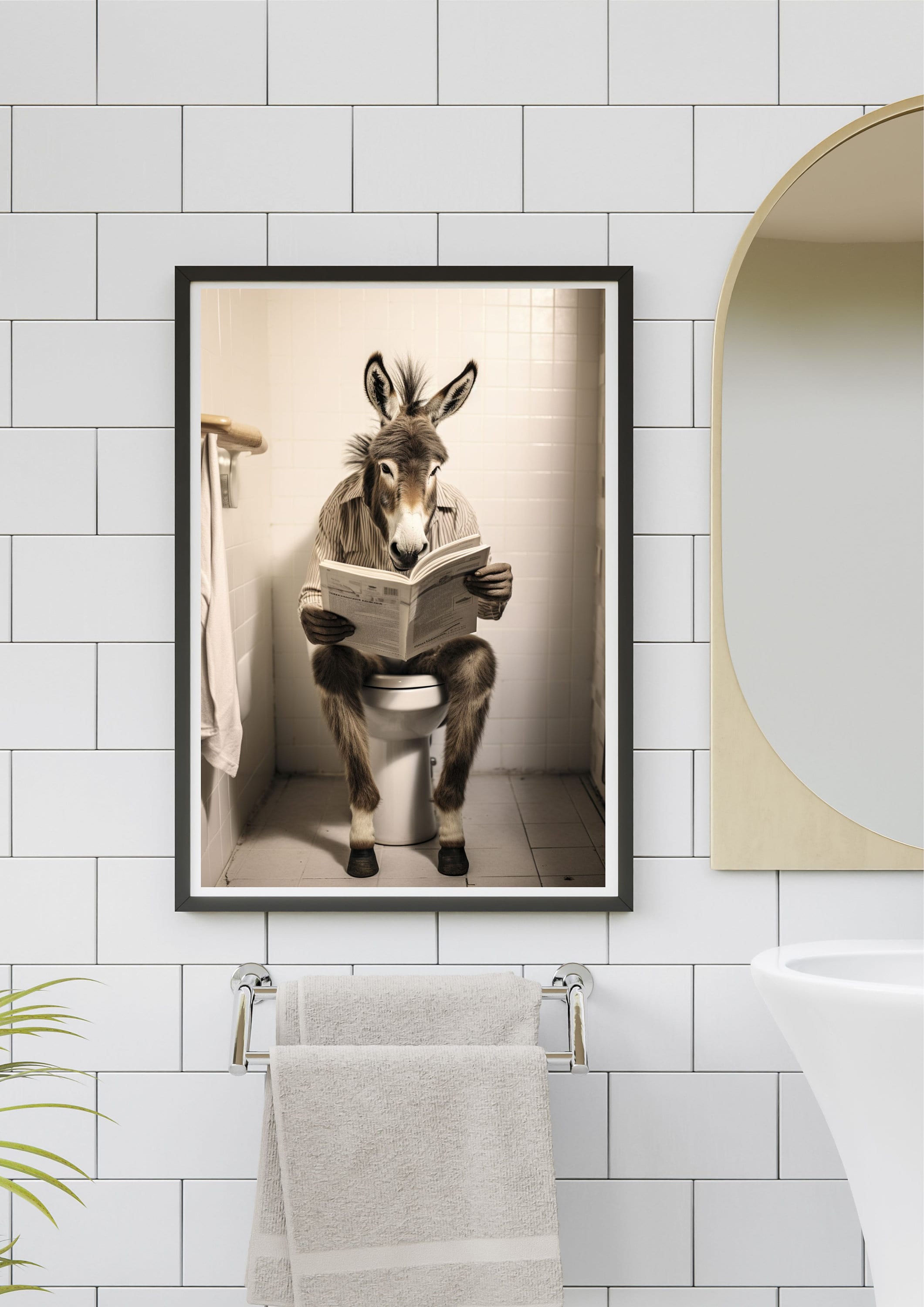 Asino seduto sul water che legge il giornale, umorismo divertente in bagno, decorazioni murali, stampe di animali divertenti, stampe per la casa, stampe digitali AI - Italia