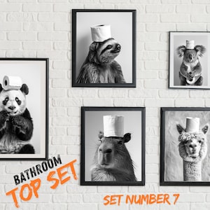 Bathroom Wall Art, SET of 5, bathroom art Animal Photo Print, Animal on Toilet, Printable Art black and white,Bathroom Decor Gift