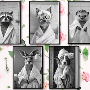 SET 5 Decoración divertida de la pared del baño, Animal sentado en el inodoro, Estampado divertido de bañera de animales, Animales albornoz, Retrato de mascota, Humor animal