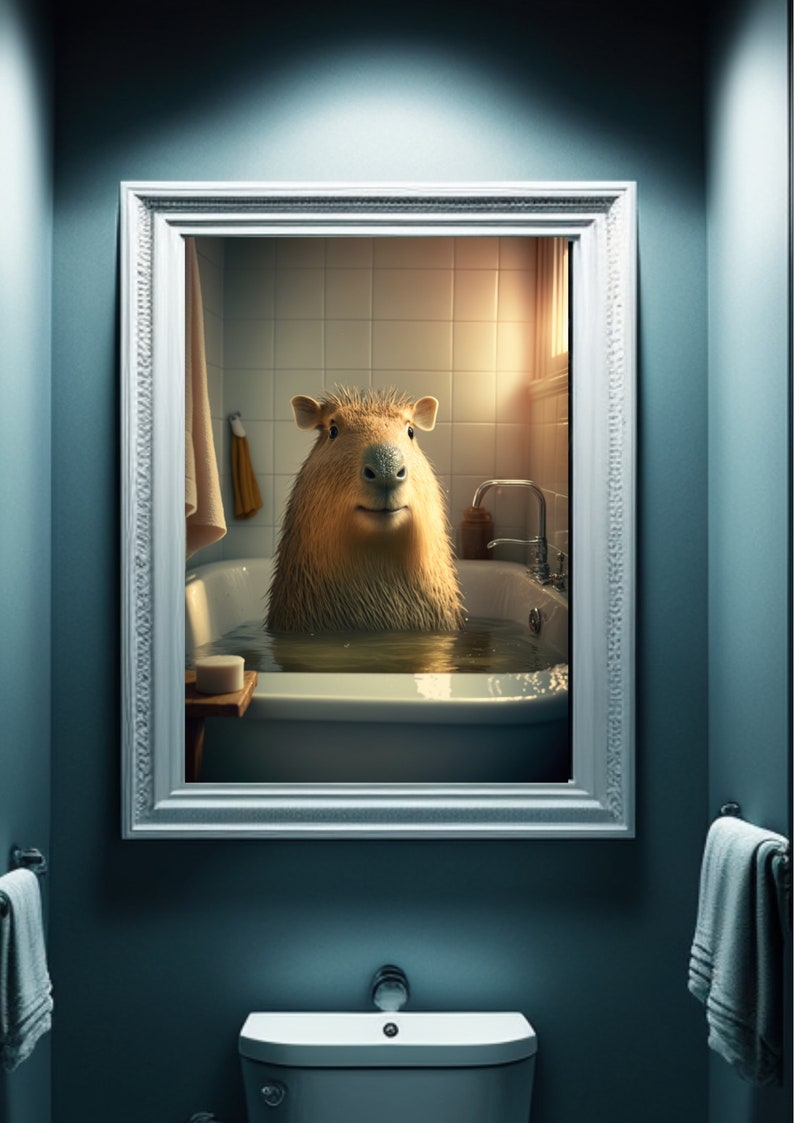 May include: A white framed mirror with a capybara in a bathtub. The capybara is looking directly at the camera. The bathroom is tiled in white.