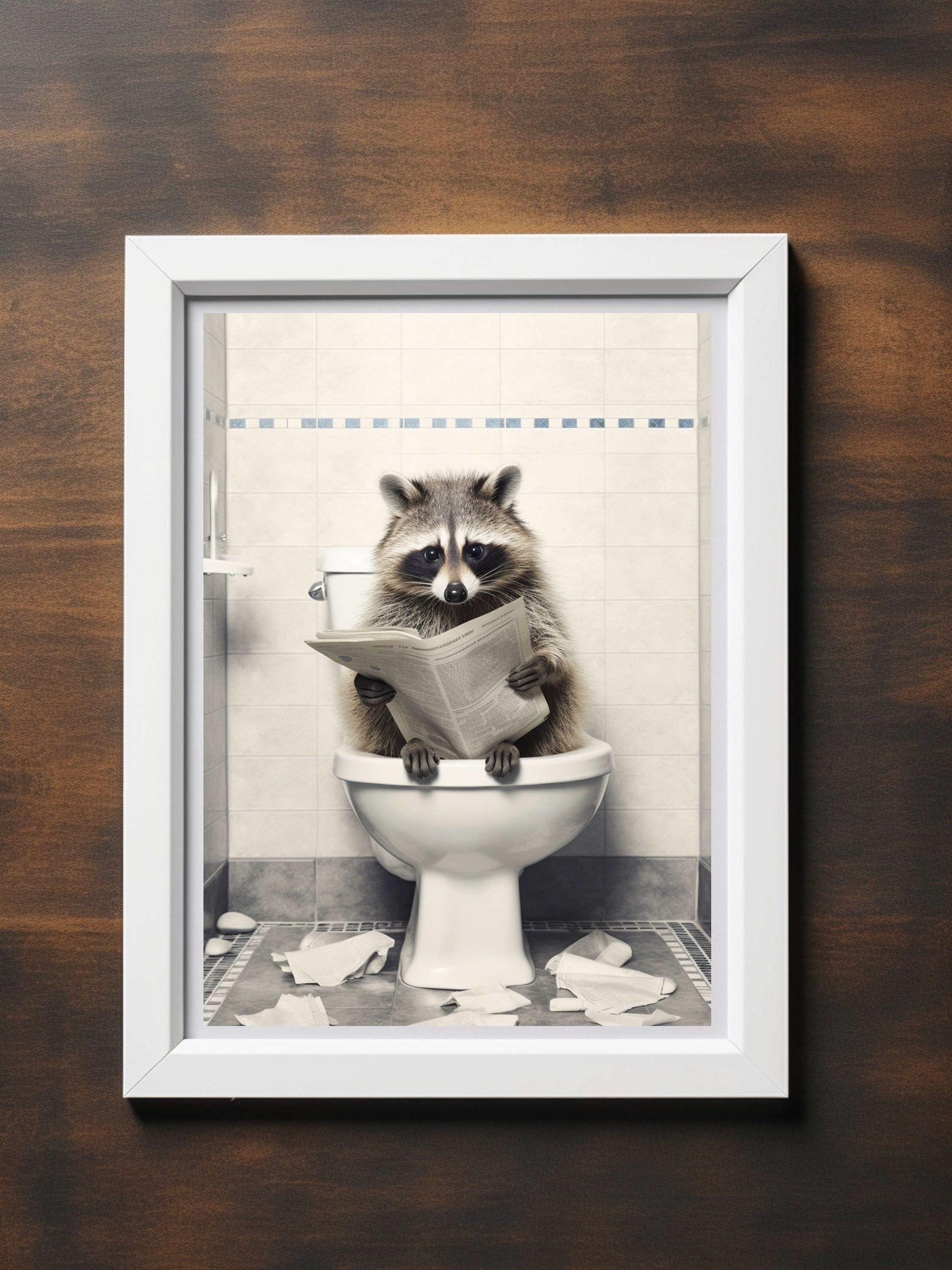 Raccoon on the Toilet Reading Newspaper, Funny Bathroom Art, Toilet ...