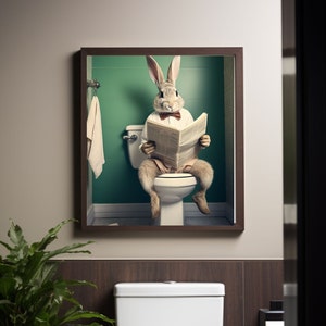 Rabbit Print, Funny Bathroom Decor, Rabbit in Toilet, Animal in toilet, Black And White Rabbit, Whimsy Animal Art
