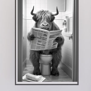 funny bathroom wall, Highland Cow Sitting on the Toilet Reading a Newspaper, Funny Bathroom Wall Decor, Funny Animal Print, AI Digital Art