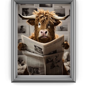 Cow Highland on Toilet Bathroom Print, Animal on Toilet Funny Bathroom Wall Art, Botanical Bathroom Wall Decor, Animal Reading Newspaper Art