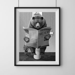 Bear Print, Funny Bathroom Decor, Bear in Toilet, Animal in toilet, Black And White Bear, Whimsy Animal Art, Kids Bathroom Wall Art