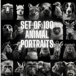 Arte mural de animales: conjunto de 100 pósteres en blanco y negro, retratos de animales imprimibles de descarga instantánea sobre fondo negro.