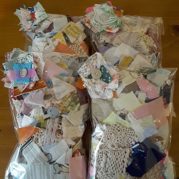 Large bundle bag of fabric scraps for clusters or tags.