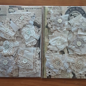Vintage and antique fabric and lace clusters.  Pack of 6. Buy 2 get 1 free