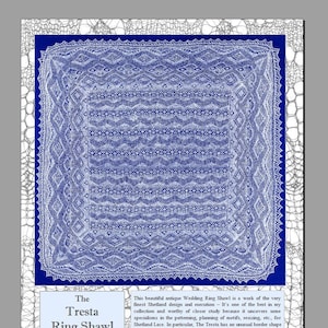 Peut inclure: Un gros plan d'une écharpe en dentelle blanche avec une bordure bleue. L'écharpe est appelée "The Tresta Ring Shawl" et est décrite comme une œuvre de la plus belle conception et exécution Shetland. Le texte mentionne également que l'écharpe vaut la peine d'être étudiée de plus près car elle révèle certaines spécialités dans le motif, la planification des motifs, le redimensionnement, etc., pour la dentelle Shetland.