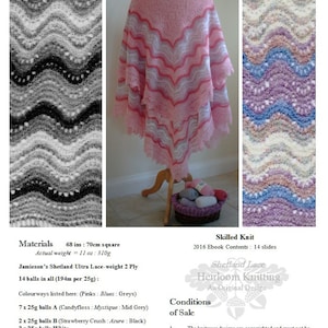 May include: A pink and white knitted shawl, displayed on a mannequin. The shawl features a wave-like pattern with pink and white stripes. The image also includes close-ups of the knitted pattern and a basket of yarn.