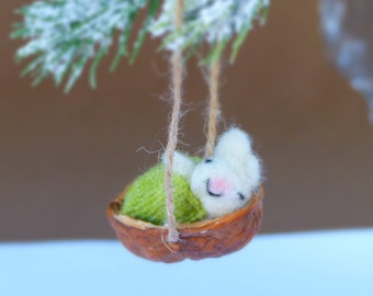 Sleeping bunny in a walnut shell, Needle felted rabbit ornament, First Christmas gift