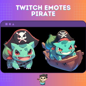 May include: Two cartoon images of a green Pokemon character wearing a pirate hat with a skull and crossbones. The first image shows the character standing on its own. The second image shows the character on a wooden boat.