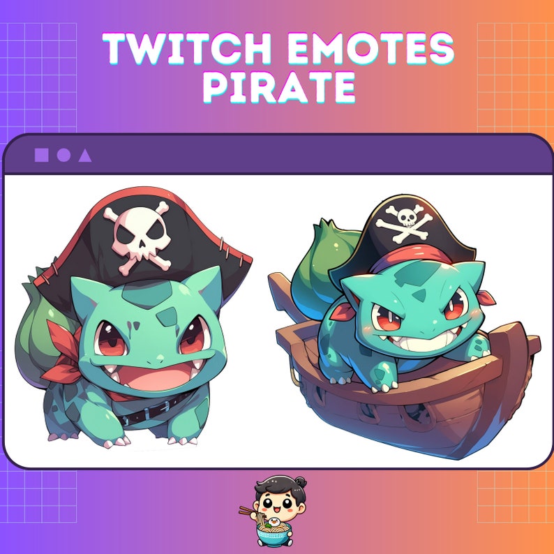 May include: Two cartoon images of a green Pokemon character wearing a pirate hat with a skull and crossbones. The first image shows the character standing on a white background. The second image shows the character sitting on a wooden boat with a white background.