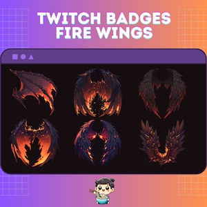 Puede incluir: Seis insignias de Twitch diferentes que presentan alas de fuego en varios estilos. Las alas son negras y naranjas con llamas. Las insignias se muestran sobre un fondo oscuro.