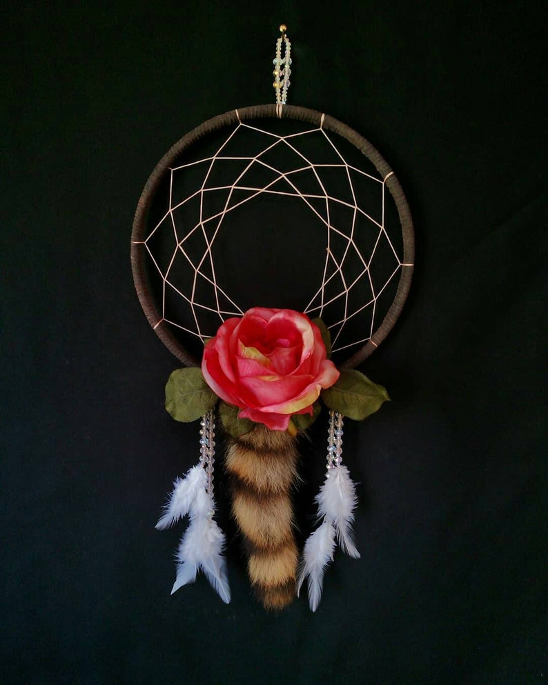 Pink Rose and Blonde Raccoon Tail Dreamcatcher