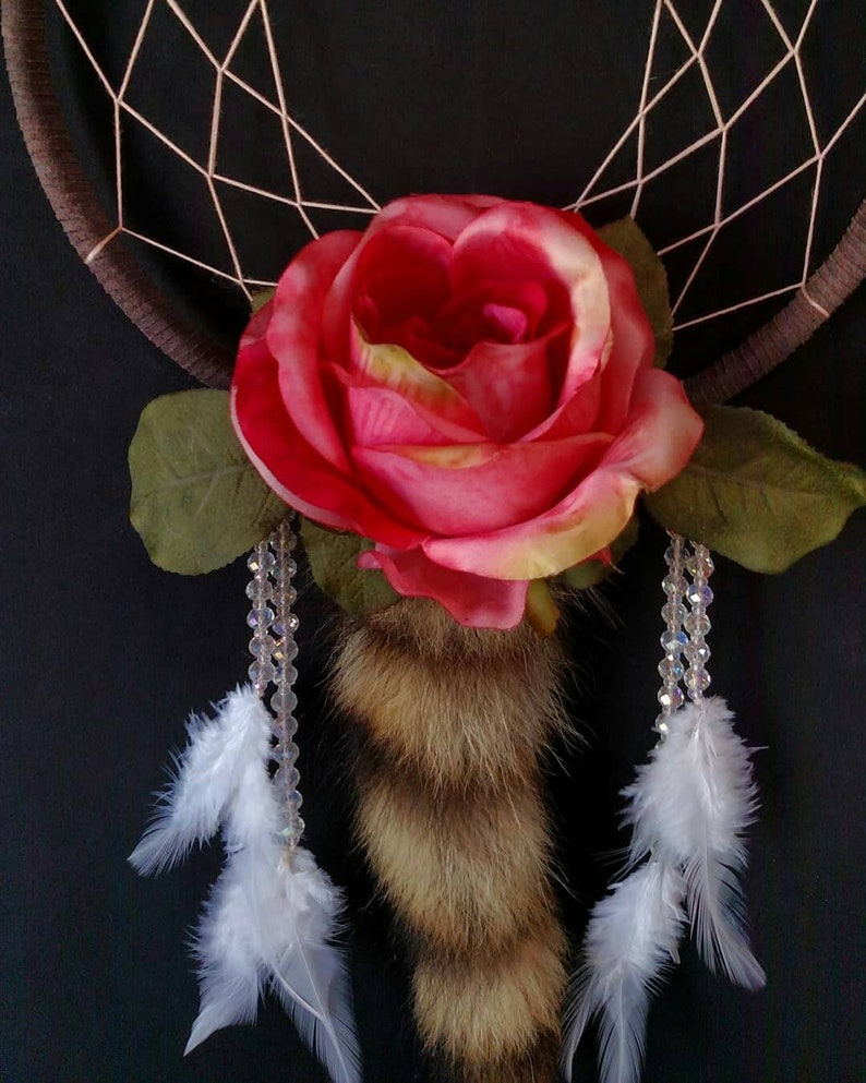 Pink Rose and Blonde Raccoon Tail Dreamcatcher