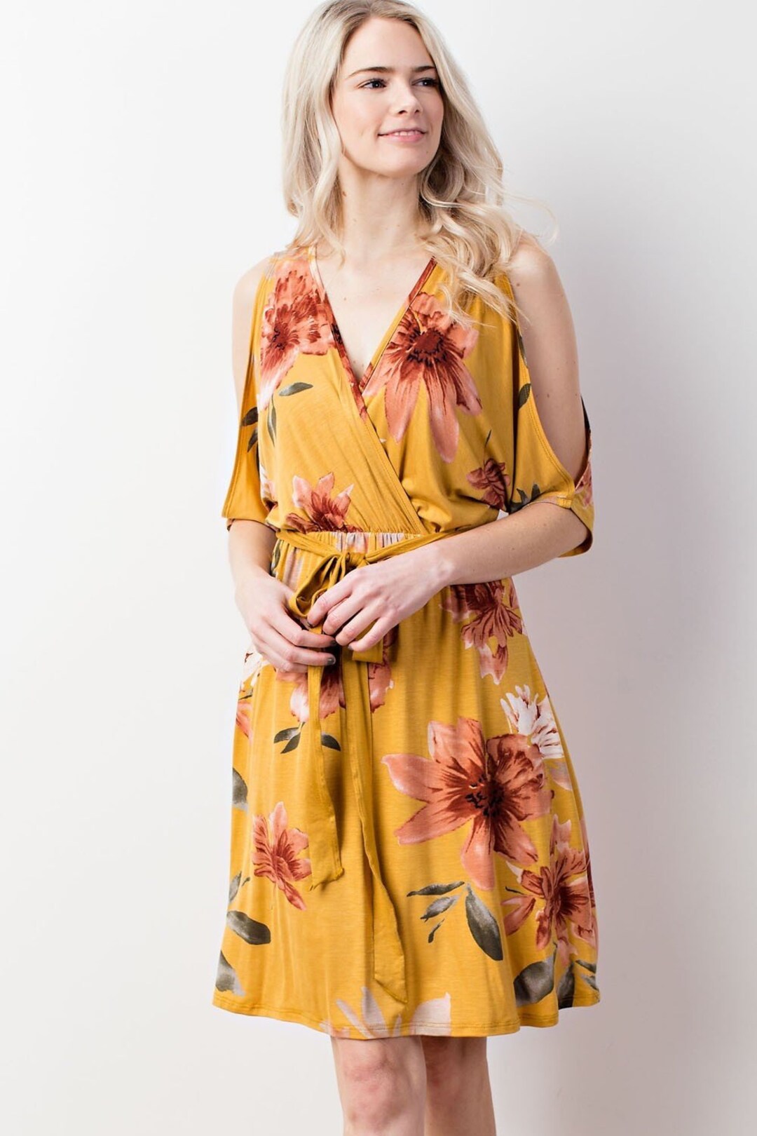 Mustard Floral Print Cut Out Shoulder Dress - Etsy