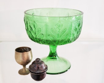 Vintage Green Candy Dish / Oak Leaf Pattern / Footed Dish