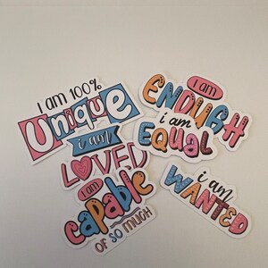 6 pcs Motivational Affirmation Quote Waterproof Stickers for water bottles, laptops, or journals.