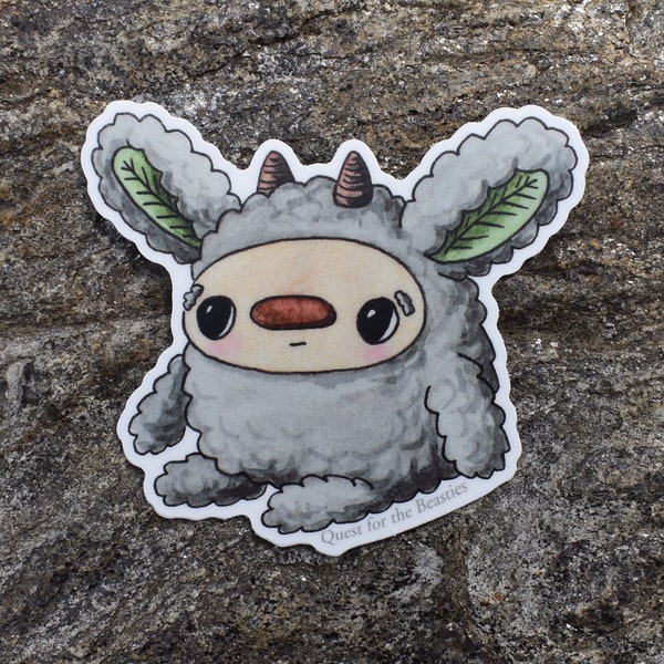 Cute Grey Forest Beastie Vinyl Sticker, Fuzzy Woodland Leaf Creature Decal