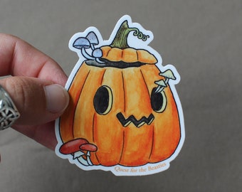 Halloween Pumpkin Vinyl Sticker, Jack-o-Lantern Sticker with Mushrooms