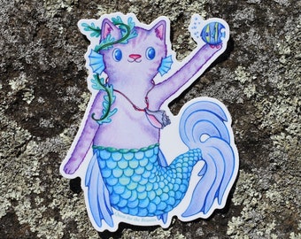 MerCat Kitty Mermaid Vinyl Sticker, Purple Ocean Cat Purrmaid Merkitty Decal