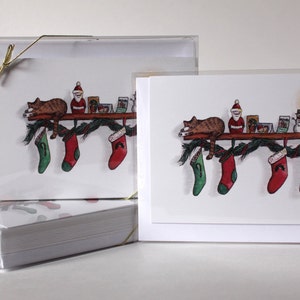 Cat Christmas Card, Single Holiday Greeting Card, Watercolor Card, Christmas Illustration, Christmas Stocking Card image 1