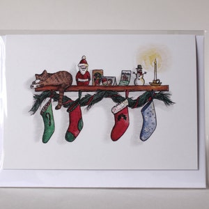Cat Christmas Card, Single Holiday Greeting Card, Watercolor Card, Christmas Illustration, Christmas Stocking Card image 2