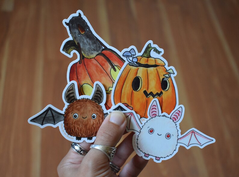 4 Pack Halloween Sticker Set, Bat and Pumpkin Vinyl Stickers image 1